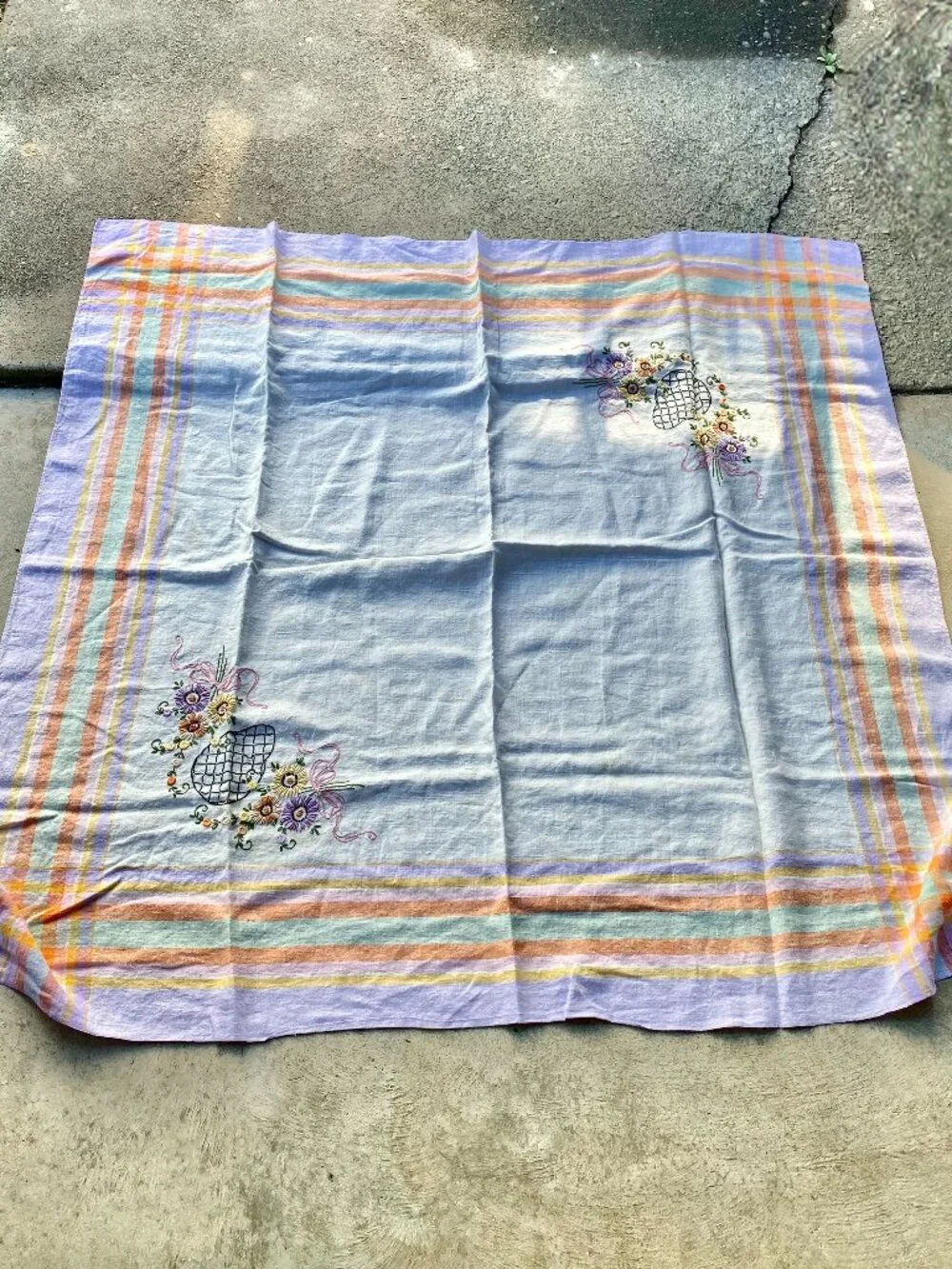 Antique Embroidered Tablecloth Floral Flowers Pastel Stripes Cross Stitch Summer